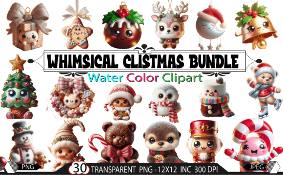 30 PNG,Cute Christmas Animals Bundle Illustrations