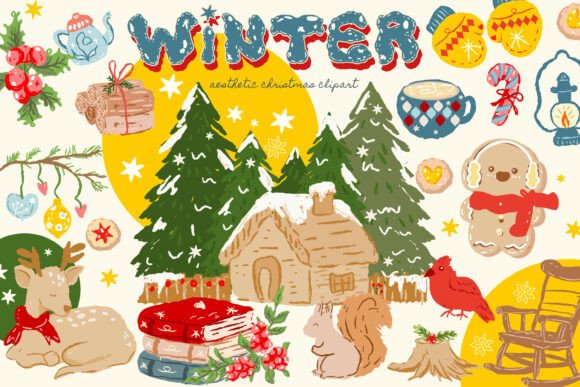 Aesthetic Vintage Christmas in Woods: Illustrations for Editorial Use