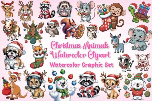Christmas Animals Watercolor Clipart for Illustrations