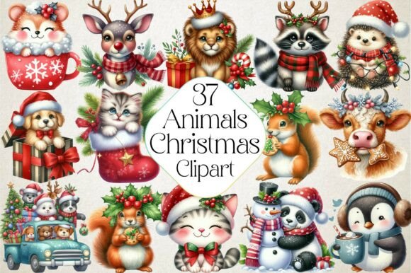 Christmas Cute Animals Clipart PNG
