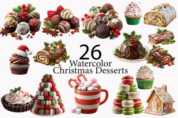 Christmas Desserts Watercolor Clipart for Illustrations