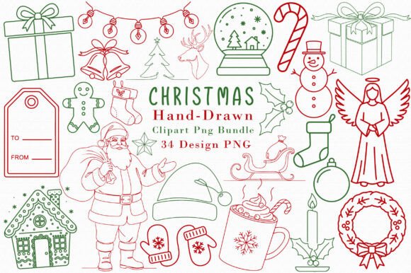 Christmas Hand-Drawn Clipart Png Bundle for Illustrations