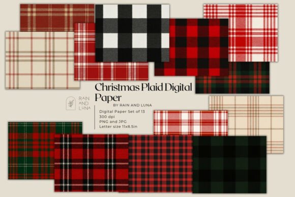Christmas Plaid Digital Paper Set of 13 Illustrations