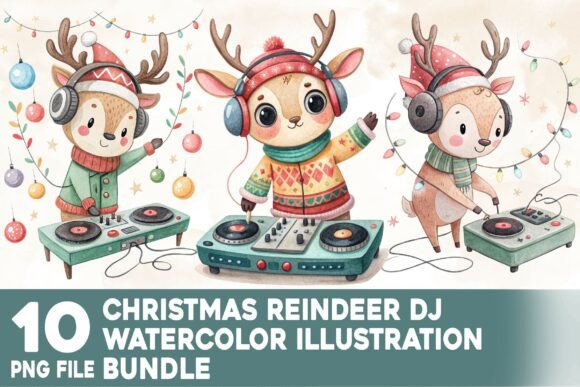 Christmas Reindeer DJ Watercolor Bundle for Illustrations