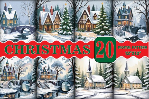 Christmas Village Scenes Digital Paper Illustrations