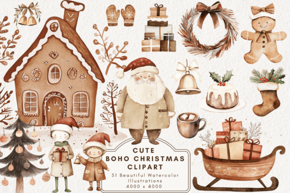 Cute Boho Christmas Clipart and Illustrations