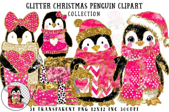 Glitter Pink Christmas Penguin Clipart for Modern Illustrations
