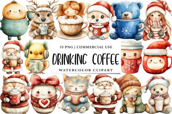 Kawaii Christmas Drinking Coffee Bundle Illustrations