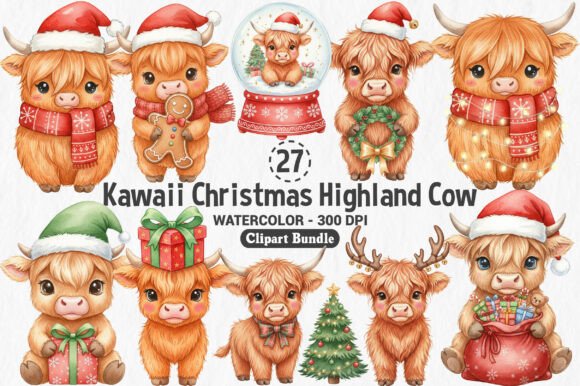 Kawaii Christmas Highland Cow Clipart for Brand Illustrations