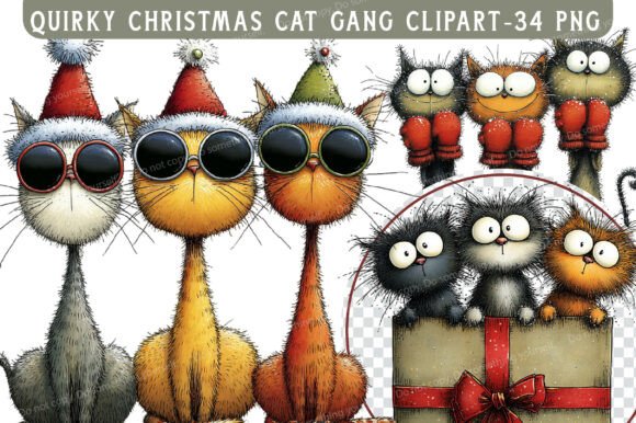 Quirky Christmas Cat Gang Clipart for Illustrations