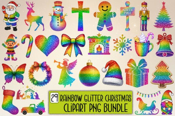 Rainbow Glitter Christmas Clipart Bundle for Illustrations
