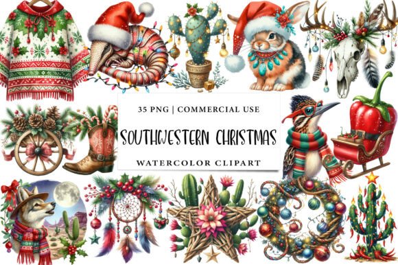 Southwestern Christmas Watercolor Clipar