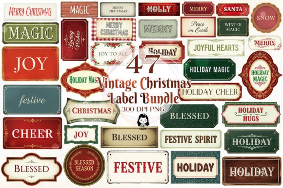 Vintage Christmas Words Labels Bundle: Illustrations for Crafters