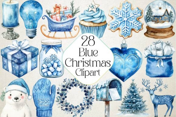 Watercolor Blue Christmas Clipart