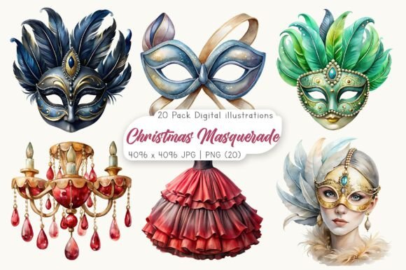 Watercolor Christmas Masquerade Clipart