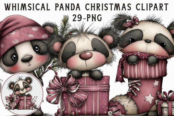 Whimsical Panda Christmas Clipart for Illustrations