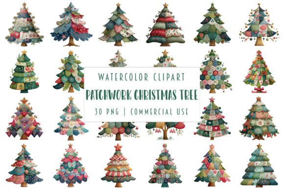 Whimsical Patchwork Christmas Tree Clipart and Freebies for Branding